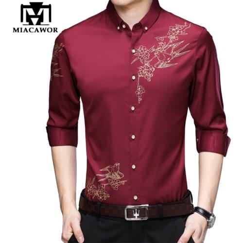 MIACAWOR Long Sleeve Casual Men Shirt Button Lapel Dress Shirts Slim Fit Flower Print Camisa Masculina Streetwear C646