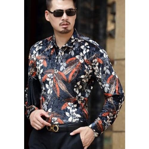 Mens Fashion Luxury Flower Pattern Silk Velvet Spring Autumn Casual Floral Dress Shirt Business Men Long Sleeve Shirts