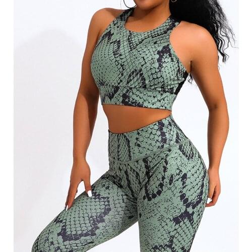 SALSPOR Snake Pattern Fitness Set Women Print Workout Leggings Casual Sleeveless Push Up Clothing Slim Thin Set Feminine