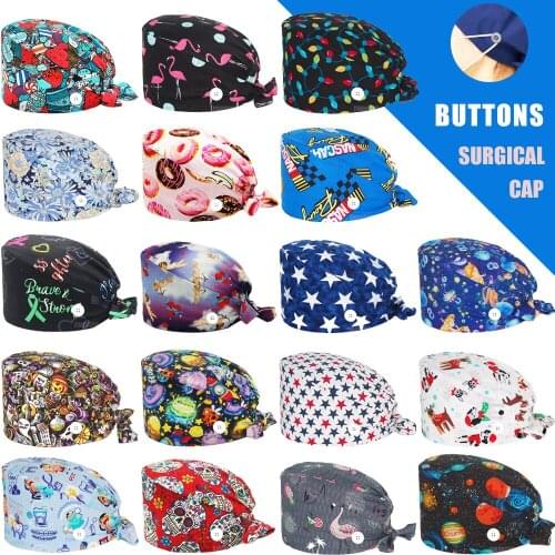 Unisex Scrub Cap with Buttons Pure Cotton Adjustable Work Nursing Beauty Salon Dental Clinic Lab Accessories Working Scrubs Caps