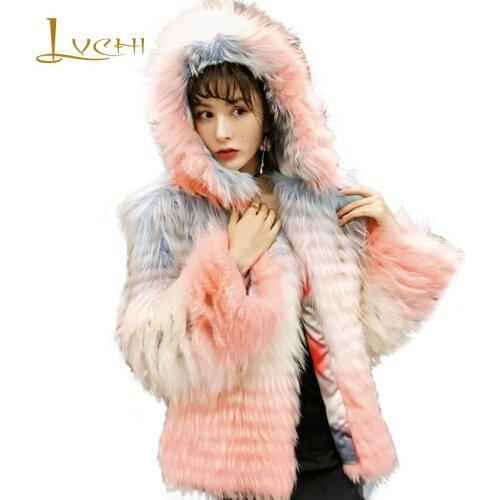 LVCHI 2019 Winter Real Fox Fur Coats Patchwork Contrst Color Natural Fox Fur Coat Womens Long Sleeve Hat Waveing Fox Fur Coats