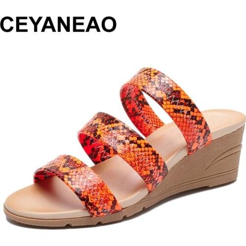 CEYANEAOwomen slippers snake print slides shoes Roman thick sole heels beach Slippers women outside Casual Wedges summer