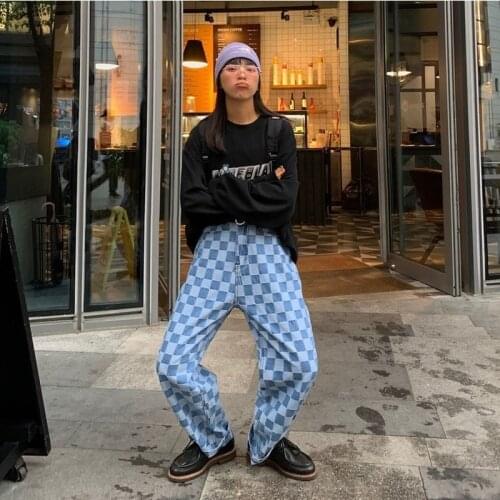 HOUZHOU Vintage Wide Leg Jeans Women High Waist Chic Plaid Denim Pants Korean Style Harajuku Streetwear Checked Trousers Female