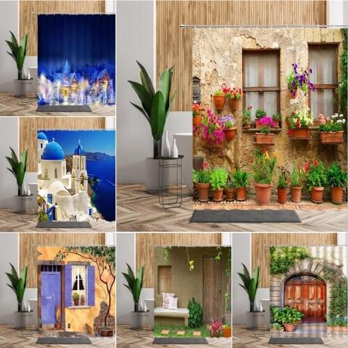 Garden Flower Print Shower Curtain Set For Bathroom Curtains 3D Potted Plant Street Nordic Wall Fabric Decor Home Bathtub Screen