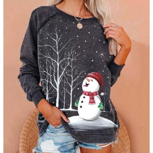 Harajuku Tops Woman Tshirts Womens Christmas Snowman Print O-Neck Long Sleeves T-Shirts Top Poleras Mujer Camisetas