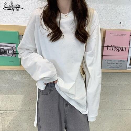 Long Sleeve White Tees Shirts Women New Spring Autumn Cotton T-Shirt Women Solid Loose T-shirty Damskie Casual Tshirts 12936