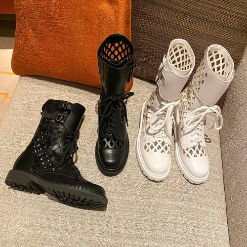 Hollow out cold boots for women summer mesh breathable Martin boots high top strap biker Roman cold boots