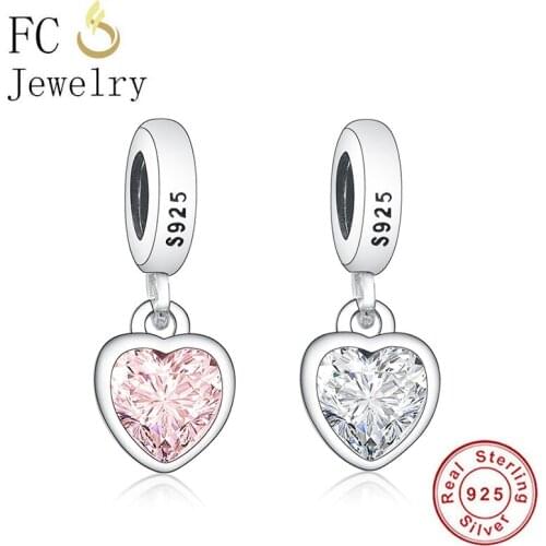 FC Jewelry Fit Original Brand Charm Bracelet 925 Sterling Silver Love Heart Pink Zirconia Bead For Making Women Berloque 2020