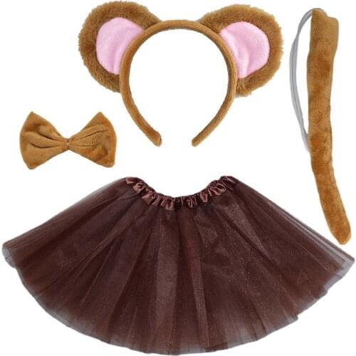 4pcs Animal Monkey Ears Headband Bowtie Tail Tutu Skirt Set Monkey Christmas Halloween Costume for Kids Women Party Cosplay