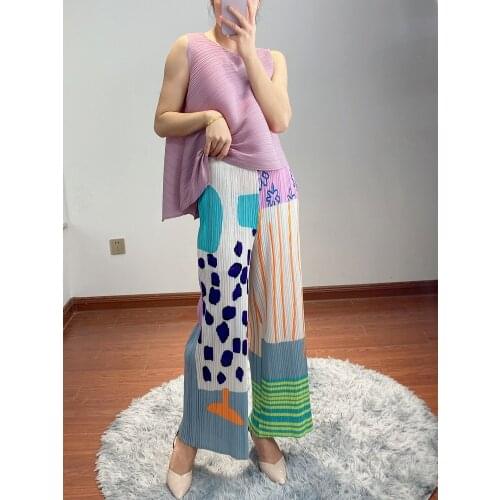 Miyake Pleated Women Pants 2021 Summer Printed Loose Straight Pants Trousers Trend Aesthetic Clothes