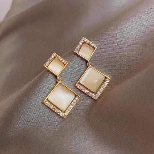 Elegant Wedding Square Opal Drop Earrings for Women Cute Romantic Korean Crystal Personality Earings Fashion Jewelry