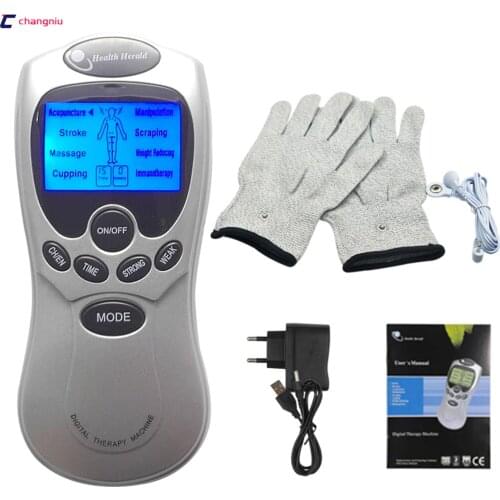 Whole English keys Care Electric Tens Acupuncture Full Body Digital Therapy Massager +Silver conductive fiber Massage gloves