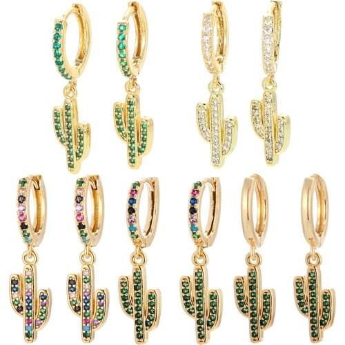 EYIKA Geometric Cactus Small Hoop Earrings for Women Rainbow Cubic Zirconia Female Jewelry Gold Color Kid Hoops Accessories Gift