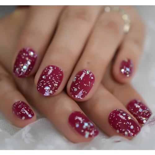 Deep Rose Red Press On Fingernails Mix Glitter Decoration Oval Fake Nails UV Polish Cover Glossy Nail Art Tips 24