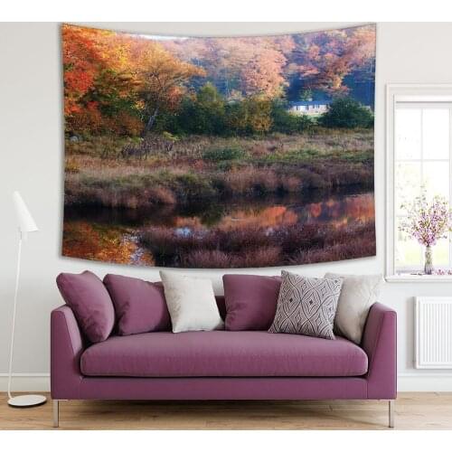 Tapestry Autumn Foliage Riverside Trees Forest House Rural Peaceful Nature Green Orange Scenery Printed
