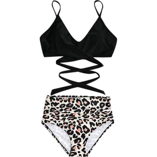 CPDD Women Sexy 2 Piece Bikini Set Criss Cross Lace-Up Padded Bra Swimsuit Ruched High Waist Thong Bathing Suit Solid Color