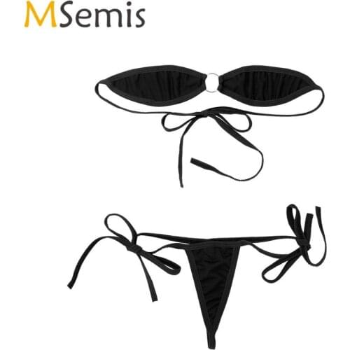 2Pcs Women Mini Micro Bikini Set Minimal Cover Lingerie Suit Self-tie Off the Shoulder Bra Top with G-String Briefs Underwear