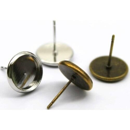 10mm Stud Earring Round Copper Silver Plated glass cabochon base earring blanks setting supplies for jewelry 20pcs/lot