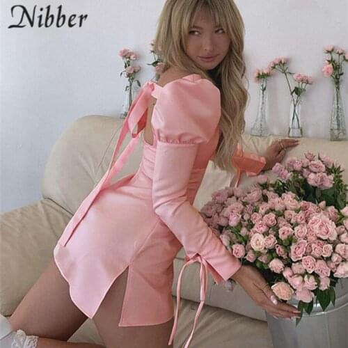 Nibber Sweet Fairy Style Solid Color Mini Dress Square Necktie Halter Design For Womens Going Out Holiday Party Clubwear 2021