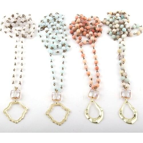 MOODPC Fashion Bohemian Jewelry 6mm Stone Rosary Chain Metal Pendant Drop Necklaces For Women Ethnic Necklace