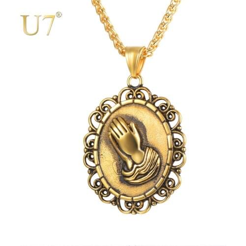 U7 The Praying Hands Pendants & Necklaces Black/Gold Color Stainless Steel Hip Hop Men Gift Chain Jewelry Hand Necklace P1164