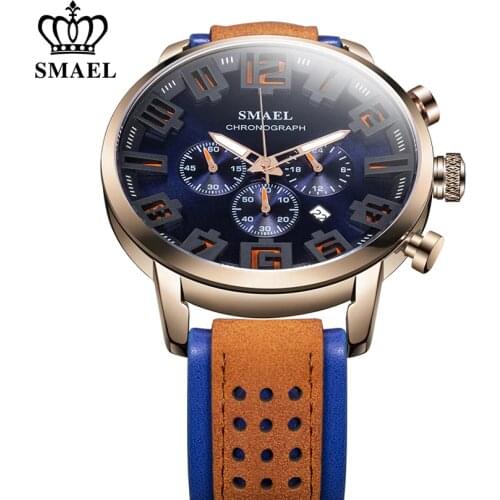 SMAEL Chronograph Leather Mens Watches Quartz Luminous Hands 24-hour Sport Analogue Leather Wristwatch for Men Relogio Masculino