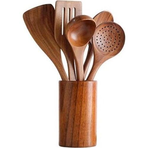 6 Pcs Kitchen Cooking Utensils Set Pure Natural Wooden Non-toxic Spatula Spoon Colander Nonstick Cookware Kit Kitchen