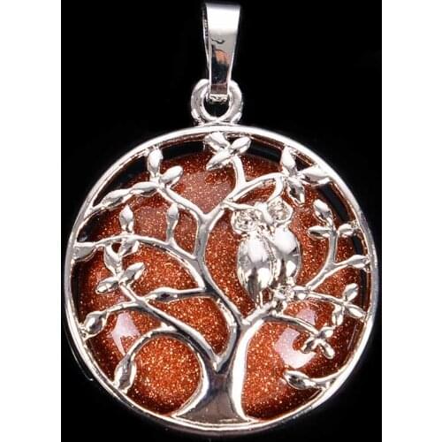 Natural Round Gem Stone Kabbalah Tree of Life Necklaces Pendants Pink Quartz White Crystal Lapis Lazuli Tiger Eye Opal D037