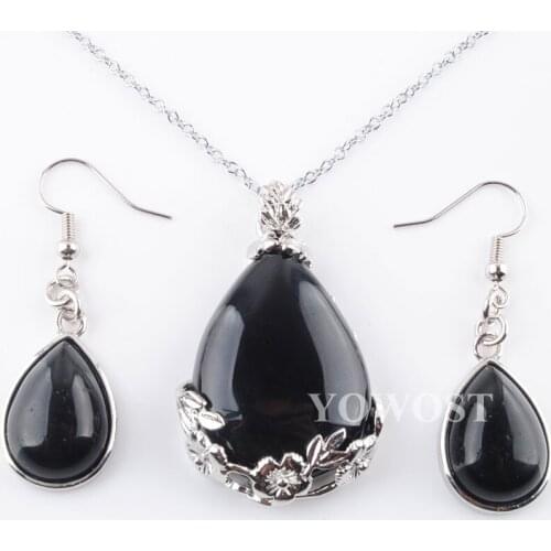 Natural Pendulum Pendant Bridal Party Jewelry Set for Women Water Drop Black Agates Gem Stones Hanging Fashion Jewelry QQ3075