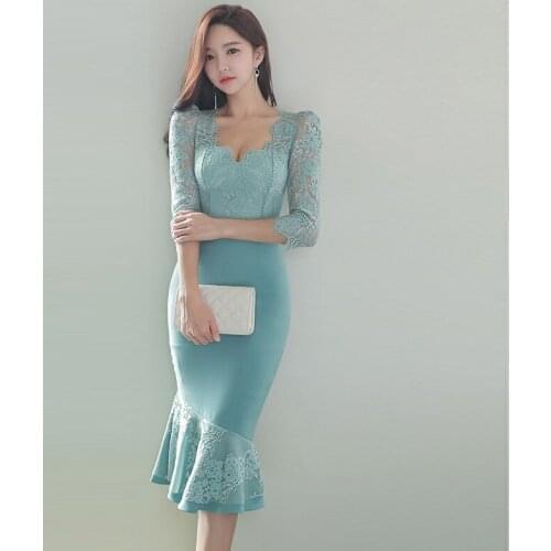 New arrival comfortable solid formal dress temperamental lace perspective vintage elegant sexy cute office long trumpet dress