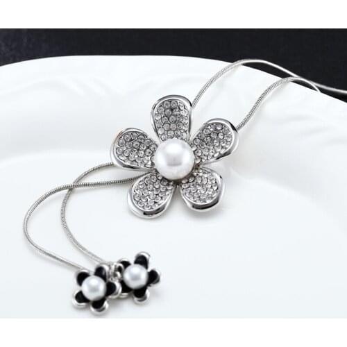 Hot Elegant Silver/Gold/black Simulated Pearl Flower Tassel Pendant Necklace lady gift mother Women Wholesale Free shipping
