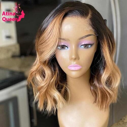 Side Part Colored Short Wigs Shoulder Length Blunt Cut Bob Wig Women Honey Blonde Ombre Lace Front Human Hair Wig Preplucked