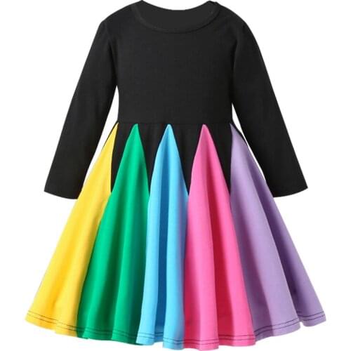 Baby girl dress spring and autumn dress 1-6 years old girl round neck cotton color matching rainbow princess dress girl dress