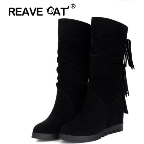 REAVE CAT Women Knee boots Slouchy Increasing heel Wedge Platform Flock Tassels Round toe Slip on Spring Autumn big size 43 12