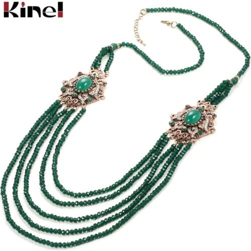 Kinel Luxury Natural Stone Necklace Antique Gold Green Crystal Beads Strand Tassel Necklace For Women Vintage Wedding Jewelry
