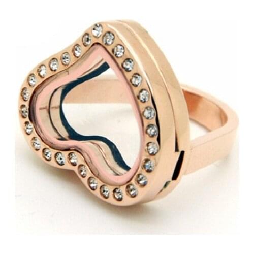 Rose Gold Heart Stainless Steel Floating Locket Ring With Rhinestones Living Locket Ring 10pcs