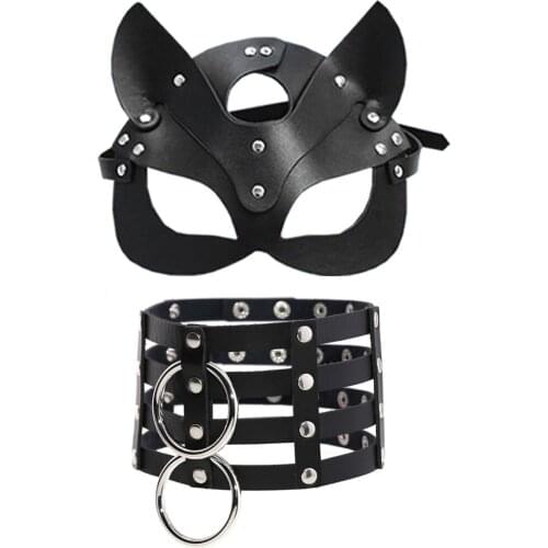 Sexy lady mask and European and American gothic wind 4 rows of leather cage neck sleeve double O neck chain
