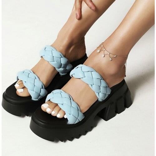 Sianie Tianie Open Toe Hand Weaved Platform Chunky Wedges Heels Double Band Strap Womens Sandals Blue Punk Goth Mules Slides