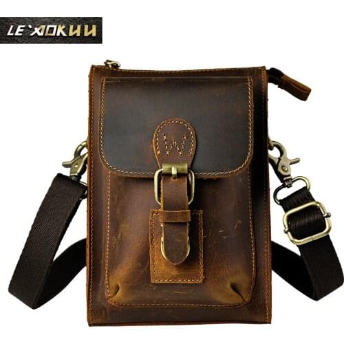 Original Leather Male Casual Vintage Design Shoulder Messenger bag Multifunction Fashion Belt Waist bag Summer Phone Pouch 6402