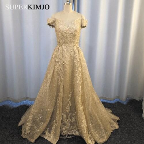 SuperKimJo Vestidos De Gala Champagne Lace Applique Prom Dresses 2020 Detachable Skirt Off the Shoulder Elegant Prom Gown