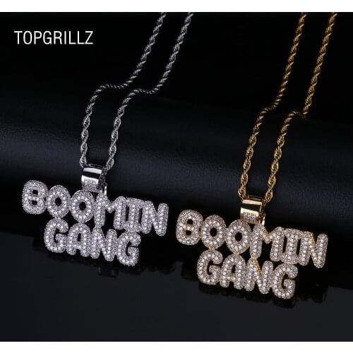 TOPGRILLZ BOOMIN GANG Letter Pendant Necklace Hip Hop/Punk Gold Silver Color Chains For Men Iced Out Cubic Zircon Charms Jewelry