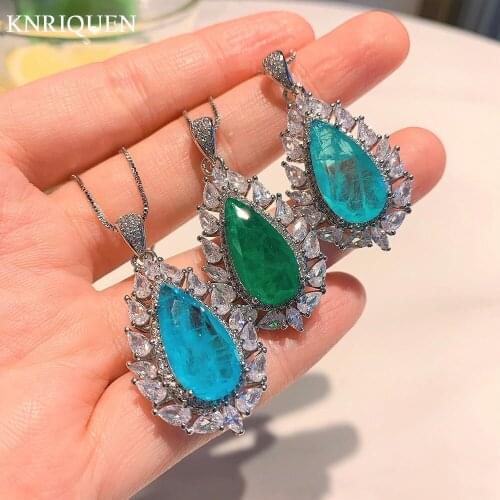 Vintage 925 Sterling Silver Water Drop Big Gemstone Paraiba Tourmaline Emerald Pendant Necklace for Girlfrien Party Fine Jewelry
