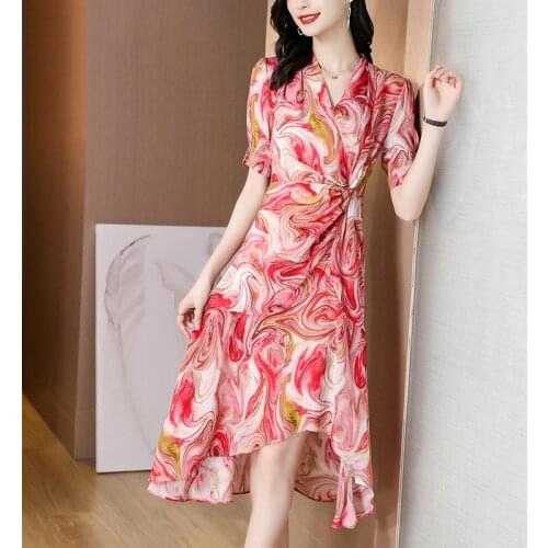 Only Plus Vintage Irregular Silk Chiffon Robe Dress For Women V-Neck High Waist Dresses Ruffle Summer Floral Printed Vestidos