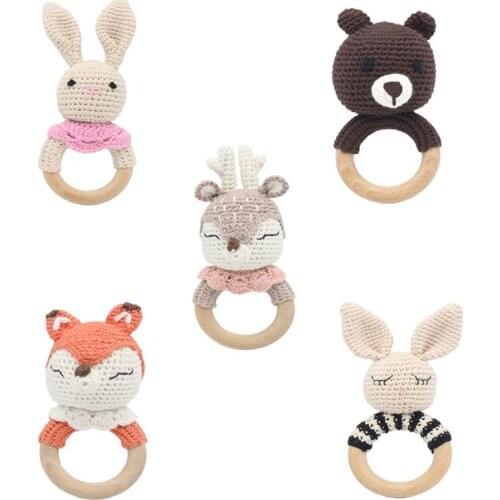 Crochet Wooden Ring Baby Teether Animal Rattle Chewing Teething Nursing Soother