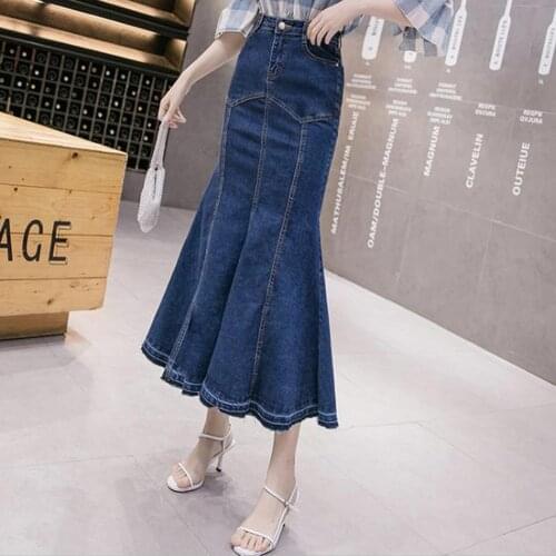 Summer 2021 Denim Skirt Women Mermaid Trumpet Long Skirt Ruffles Mid-calf Empire High Waist Jeans With Stretchy юбка