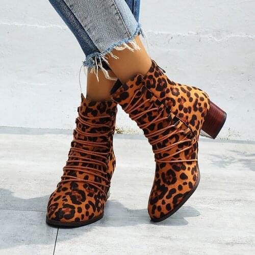 34-43 big size leopard ankle boots women chunky heels cross band cowboy winter boots for women leopard stivali donna 2020 525
