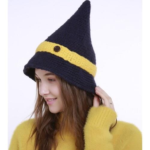 Women Winter Skullies Knitted Beanie Witch Hat Small Point Button Hat Ladies Autumn Winter Handmade Cap Warmer Coarse Hat Cap