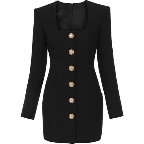 Fall 2021 New Fashion Solid Color Square Collar Single Row Golden Buttons Long Sleeve Slim Zipper Pocket Short Woman Dress