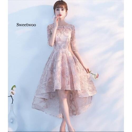 Half Sleeves Short Front Long Back Dresses Red Black White Hi-Lo party Lace Formal Dress Vestido de novia