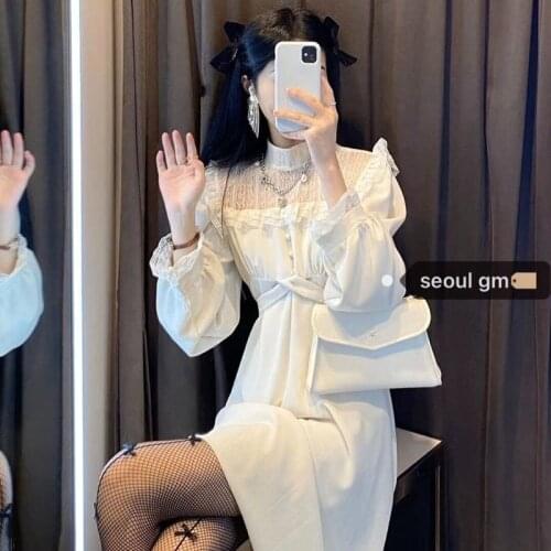 French Lace Vintage Dress Spring Women Fashion Puffer Sleeve Elegant One Piece Dress Korean 2021 High Street Slim Midi Dress